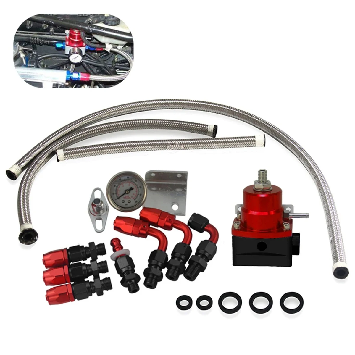 

UNIVERSAL EFI FUEL PRESSURE REGULATOR KIT + GAUGE AN6 FITTING + HOSE