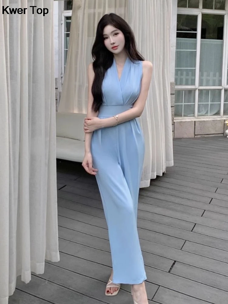 Elegant Women\'s V Neck Wide Leg Jumpsuit Office Lady Fashion Vintage Off Shoulder Bandage Rompers Summer Casual Slim Outfits