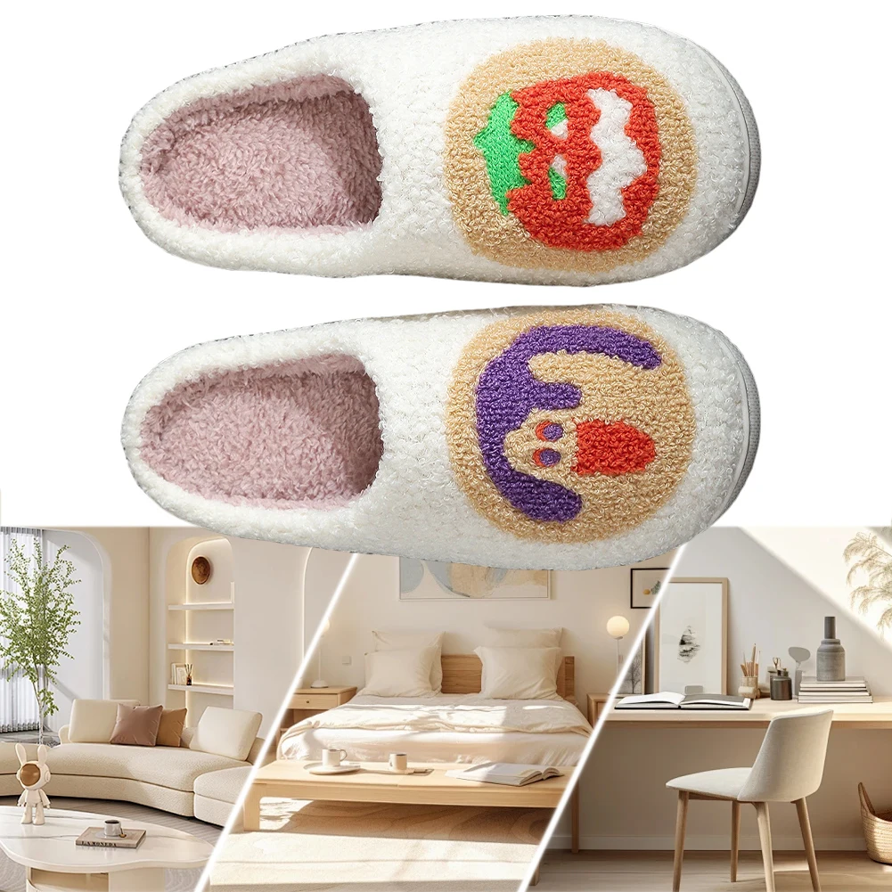 Halloween Cookie Plush Slippers Closed Toe Slippers Comfortable Slip-on House Shoes Anti Slip Flat Thermal Slippers for Winter