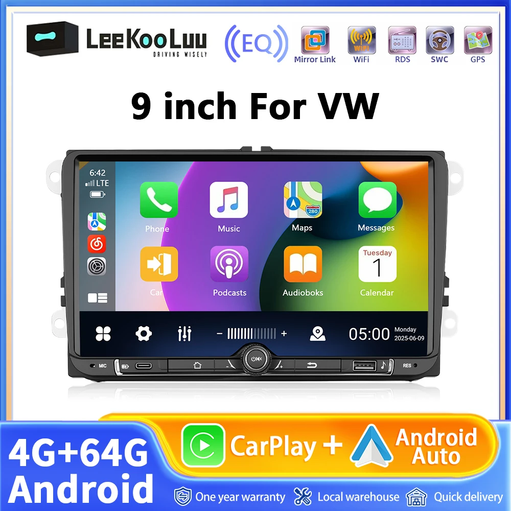4 + 64G 9 pouces sans fil Carplay Android Auto pour VW Volkswagen Golf 5 6 Polo Passat B6 B7 CC Skoda Jetta autoradio GPS WIFI stéréo