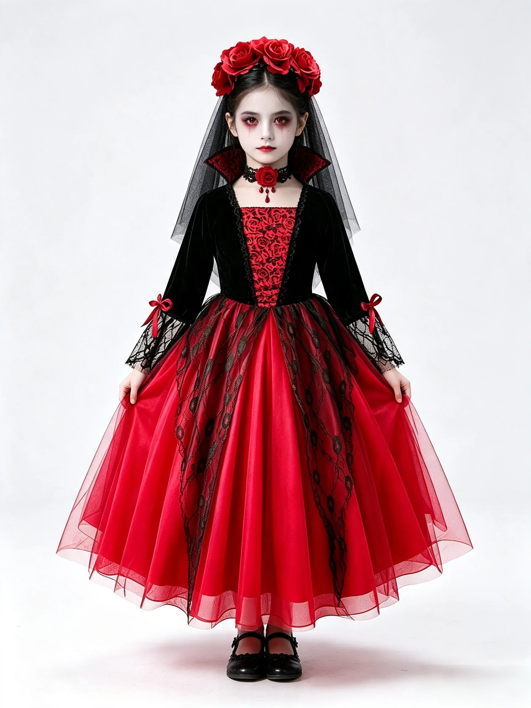 Kids Red Lace Ghost Bride Fancy Dress Spooky Bridal Role Play Outfit Halloween Costume for Girl Birthday Trick or Treat Event