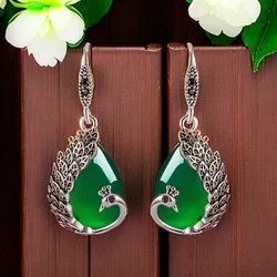 Green Real Jade Peacock Earrings Gift Energy Vintage Luxury 925 Silver Talismans Stone Natural Jewelry Designer Women