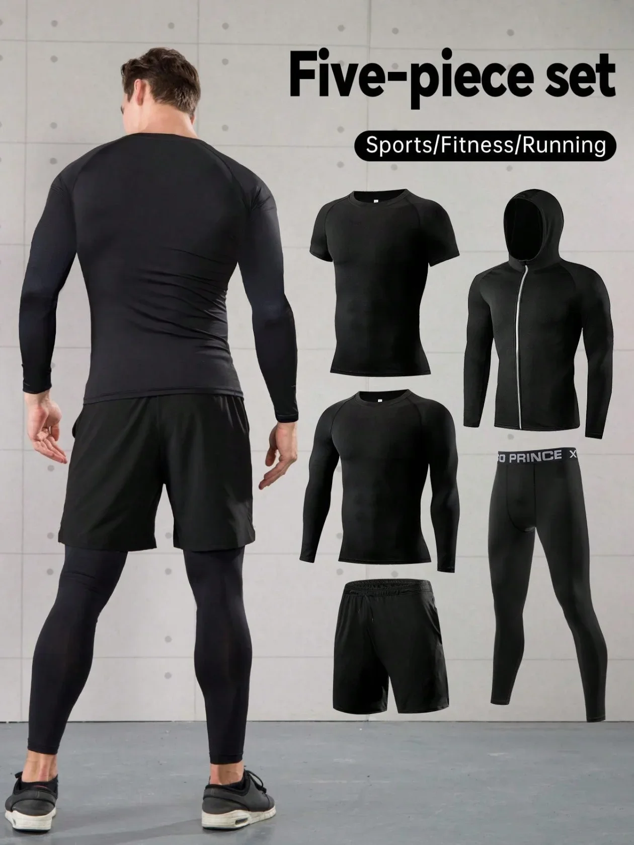5pcs/Set Men's Compression Fitness Outfit, Sweat-Wicking Long Sleeve Top & Leggings, Breathable Spring/Summer Gym Suit