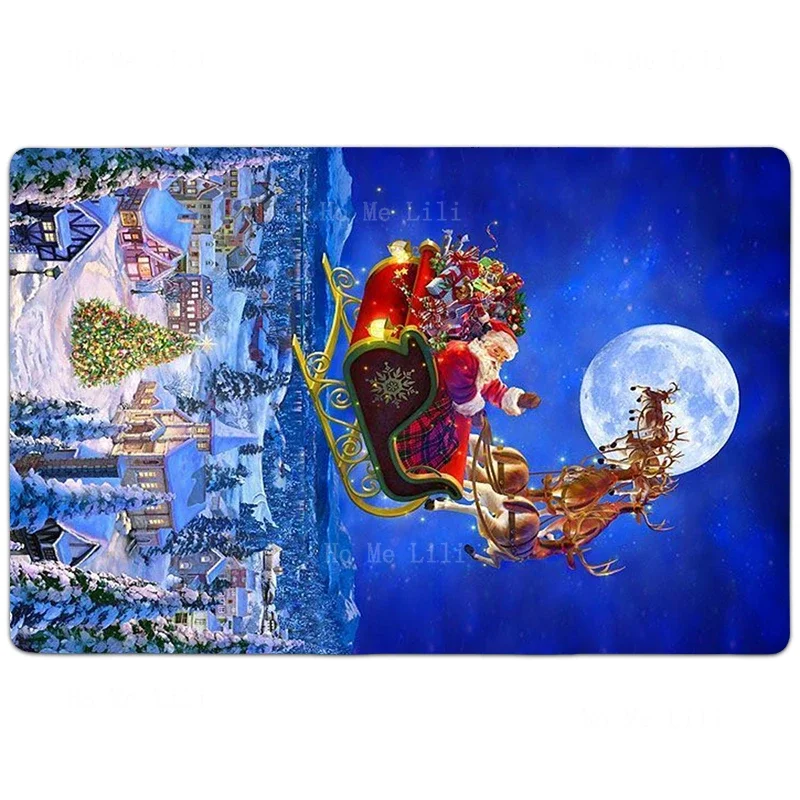 Santa Claus Arrives In A Reindeer Cart On Christmas Night Carpet Living Room Decoration Washable Carpet Family Non-Slip Rug