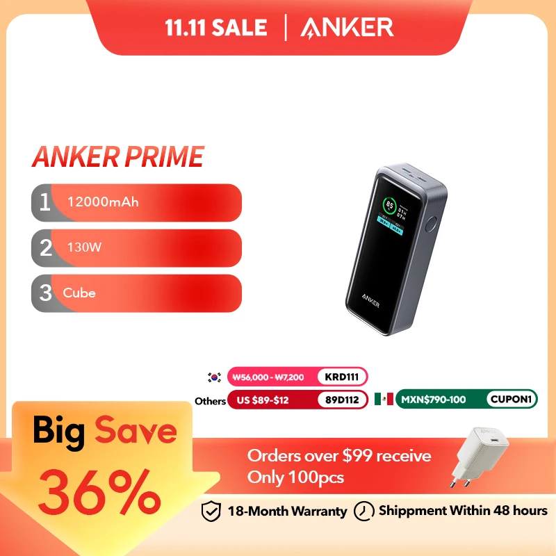 Anker Prime Power Bank 12000mAh 2-Port Portable Charger with 130W Output Spare Battery Portable Power Bank Large Capacity