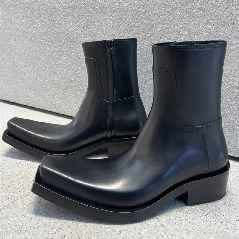 Men and Women Square Toe Low Heel Ankle Boots Black Leather Slip on Chelsea Boot Big Size 2023 Winter New Luxury Designer Shoes