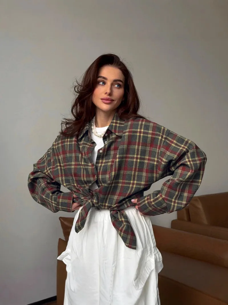 

Летняя повседневная рубашка в клетку тартан, винтажная, с воротником, дышащая, легкая, свободного кроя, из смесового хлопка, оверсайз