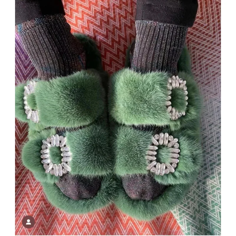 Fluffy Slippers Sandals For Woman Luxury Winter Warm Lightweight Indoor Home Cotton Slippers Natural Mink Fur Slides Shoes Woman
