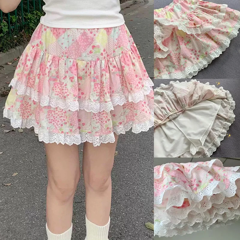 Mulheres floral mini saia kawaii verão 2024 babados japonês y2k bonito meninas doce bolo pompom saia em camadas saias curtas faldas