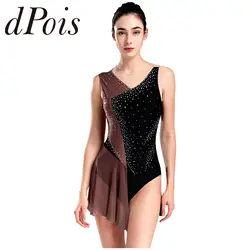 Women Patchwork Gymnastics Leotards Figure Skating Jumpsuit Gymnastic Bodysuit Shiny Rhinestones Sleeveless Ballet Dance Leotard