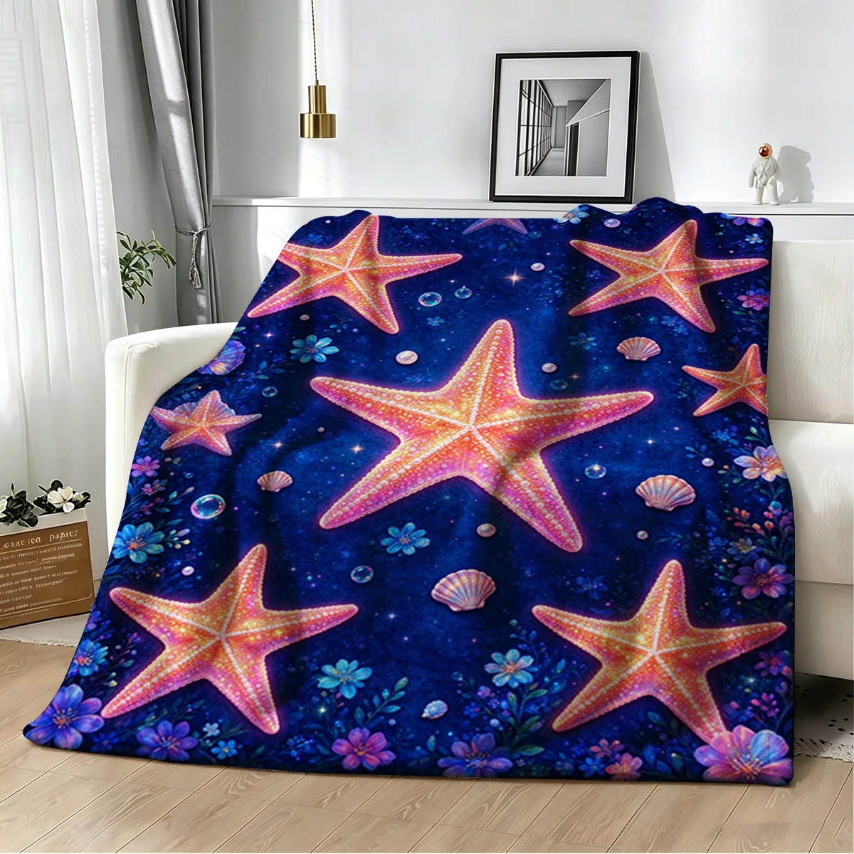 Neon Orange Starfish Pearls Flannel Blanket Warm Soft Halloween Christmas Decorative Couch Warm Cozy All-Season Gift