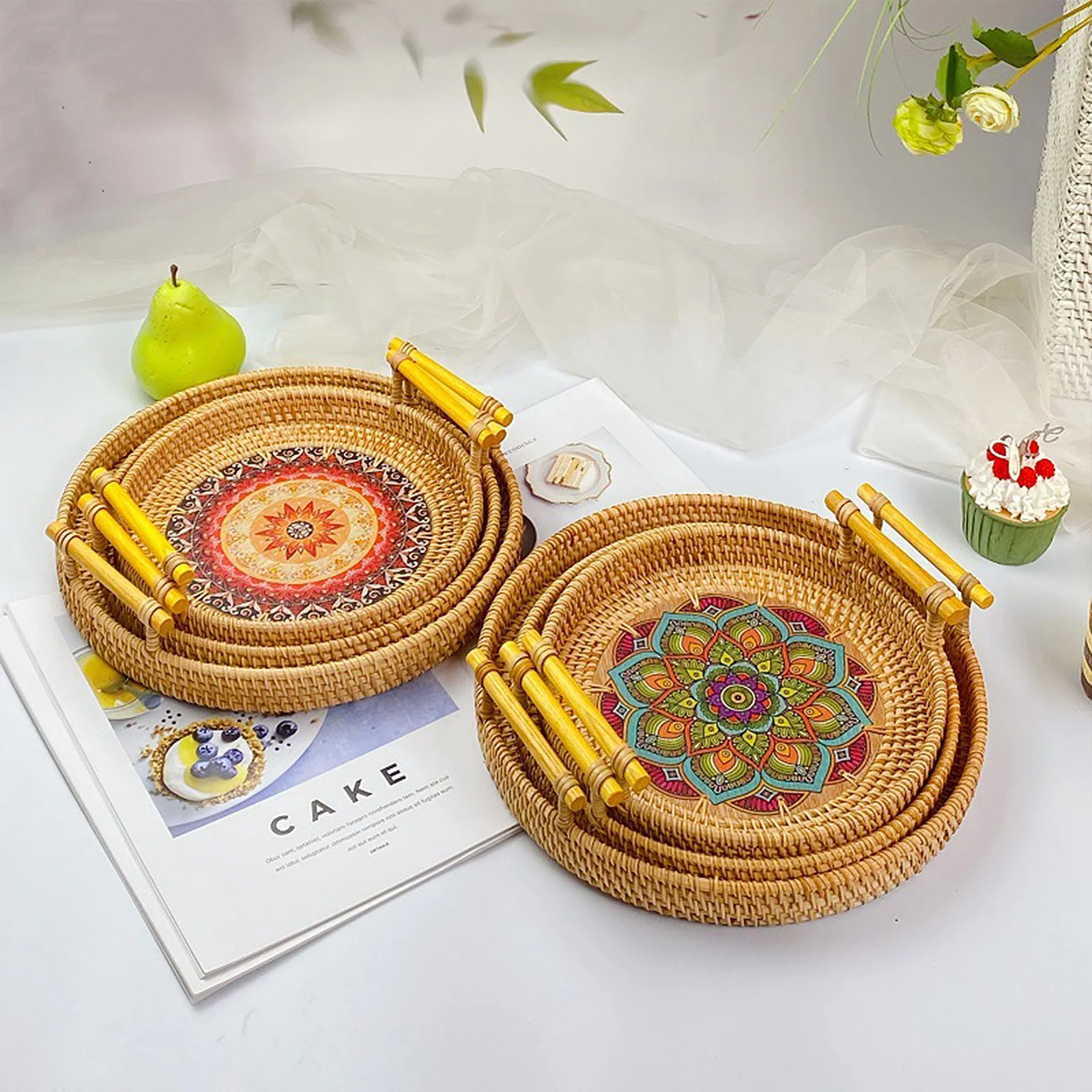 

Binaural Basket Fruit Tray Bamboo Woven Frame Food Organiser Storage Box Flower Printed Home Kitchen Breakfast Bread Container