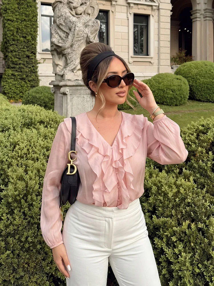 

HH 2026 Spring Elegant Pink Ruffled Shirt V-neck Button-down Long-sleeved Chiffon Shirt Casual Office Vacation Travel Wear