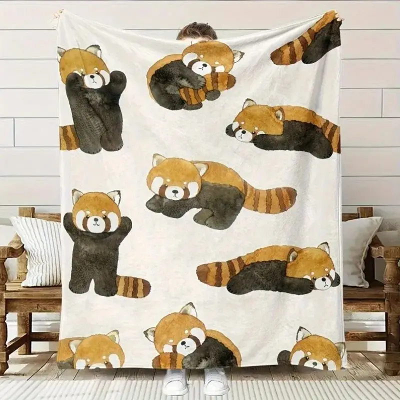 Comfortable Red Panda-print Velvet Blanket Suitable for All Seasons. Light Gray and Brown Combination Is A Trendy Style.