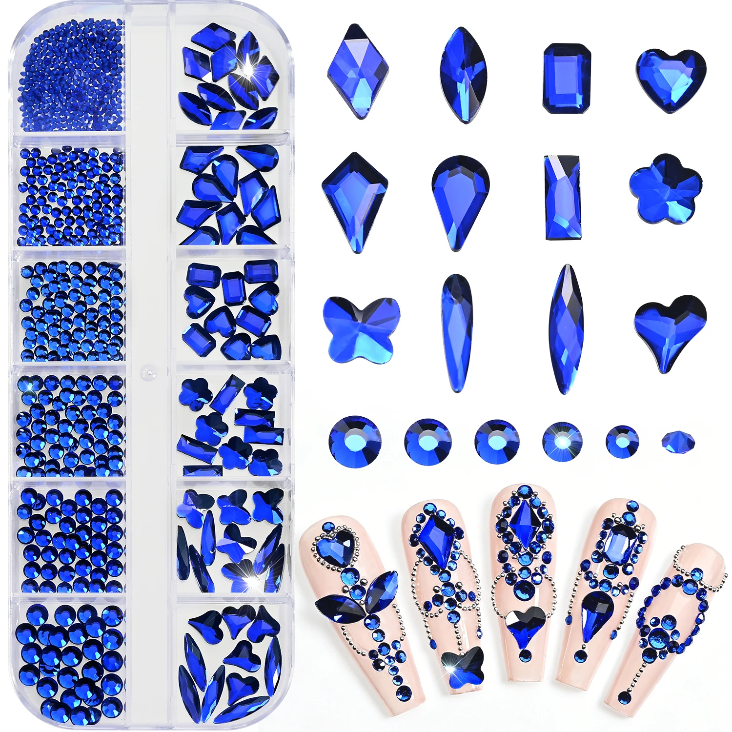 12Grids 3D Blue Multi-shape Crystal Rhinestone Nail Charm Sparkly Glass Stones Flatback Non-hotfix Diamond Round Beads DIY Gems