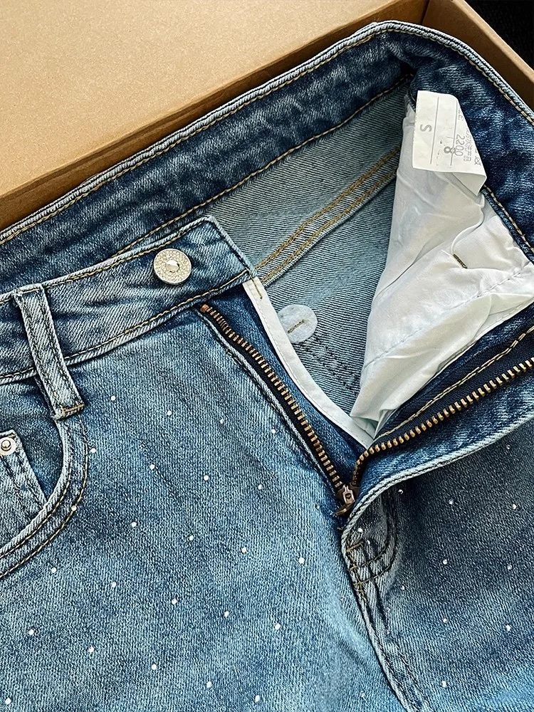 Letnia Moda Nowy Diamentowy Wzór Damskie Jeansy Slim Fit Kieszenie Wysoki Stan Szerokie Nogawki Lekko Rozszerzane Spodnie Długie Spodnie Denimowe