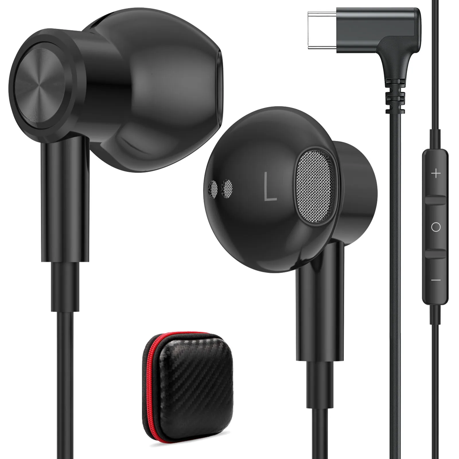 USB C Headphones with Mic HiFi Magnetic Type C Wired Gaming Earbuds 90° Angled L-Shaped Plug In-Ear Earphones for iPhone Samsung