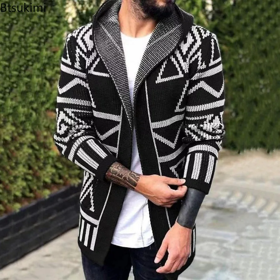 Fashion New Style Men's Clothes Autumn Winter Knitted Hooded Cardigans Streetwear Vintage Jacquard Middle Length Sweater Jackets