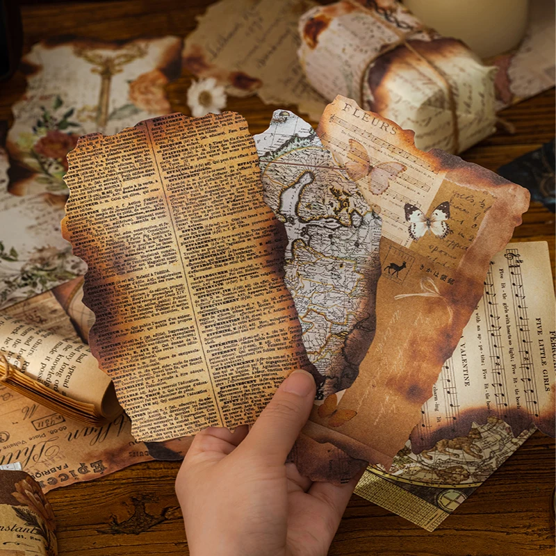 Yoofun 30pcs Burned Decor Material Paper Vintage Map Letters Newspaper Burning Papers for Scrapbooking Journal DIY