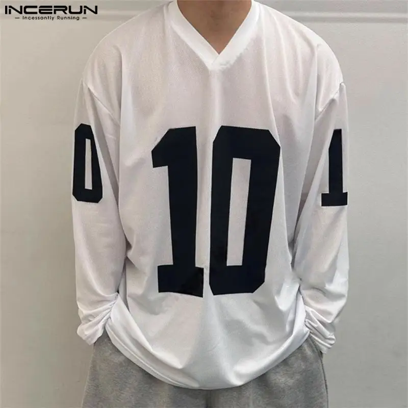 INCERUN Tops 2024 Korean Style Fashion Men Breathable Mesh Digital Print T-shirts Casual Male V-neck Long Sleeved Camiseta S-5XL