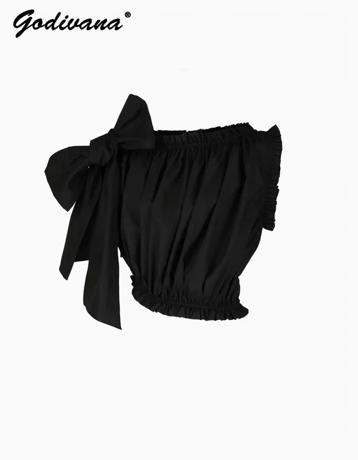 Japanese New Summer Women's Personalized Off-the-shoulder Pleated Fungus Bow Asymmetrical Short Top Black and White Shirt Blouse