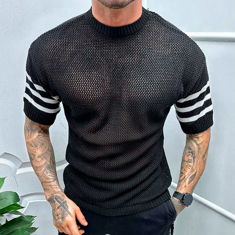 Men's Luxury Fashion Trend Summer New Thin Breathable Hollow Knitted Shirt Round Neck Jacquard Knitted Top T-shirt