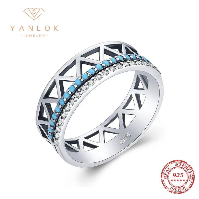 

YANLOK Vintage Turquoise Ring 925 Sterling Silver Jewelry for Women Exquisite Clear CZ Anniversary Gift Statement Jewelry