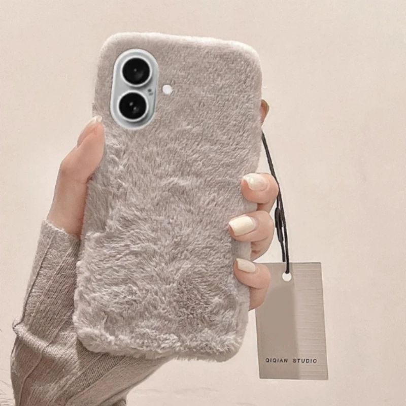 Aesthetic Solid Color Plush Phone Case 4 Colors for iPhone 16/15 Pro Max Android, Winter Soft Fuzzy Protective Cover for Girls