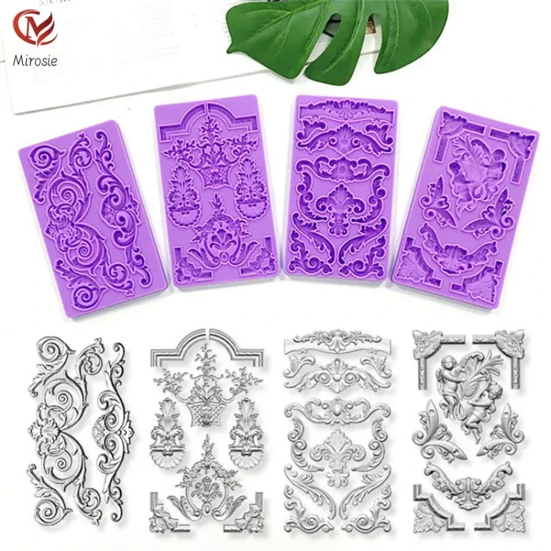 Mirosie Baroque Relief Silicone Mold Cake Decoration Totem Border Relief European Style Retro Fondant Cake Mold Resin Molds