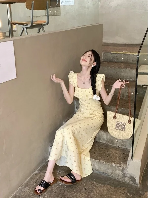 Maxi Dr Summer Vaion con estampado floral amarillo, vestido informal de Svel para mujer, falda ligera y transpirable de fibra de poliéster