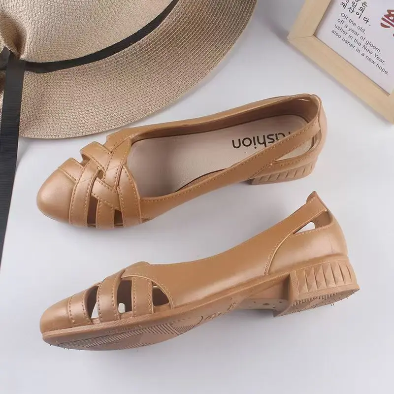 

Women's Summer Baotou Hollow Out Low Heel Sandal Shallow Slip On Outdoor Waterproof Wedges Sandals Light Middle Aged Sandals