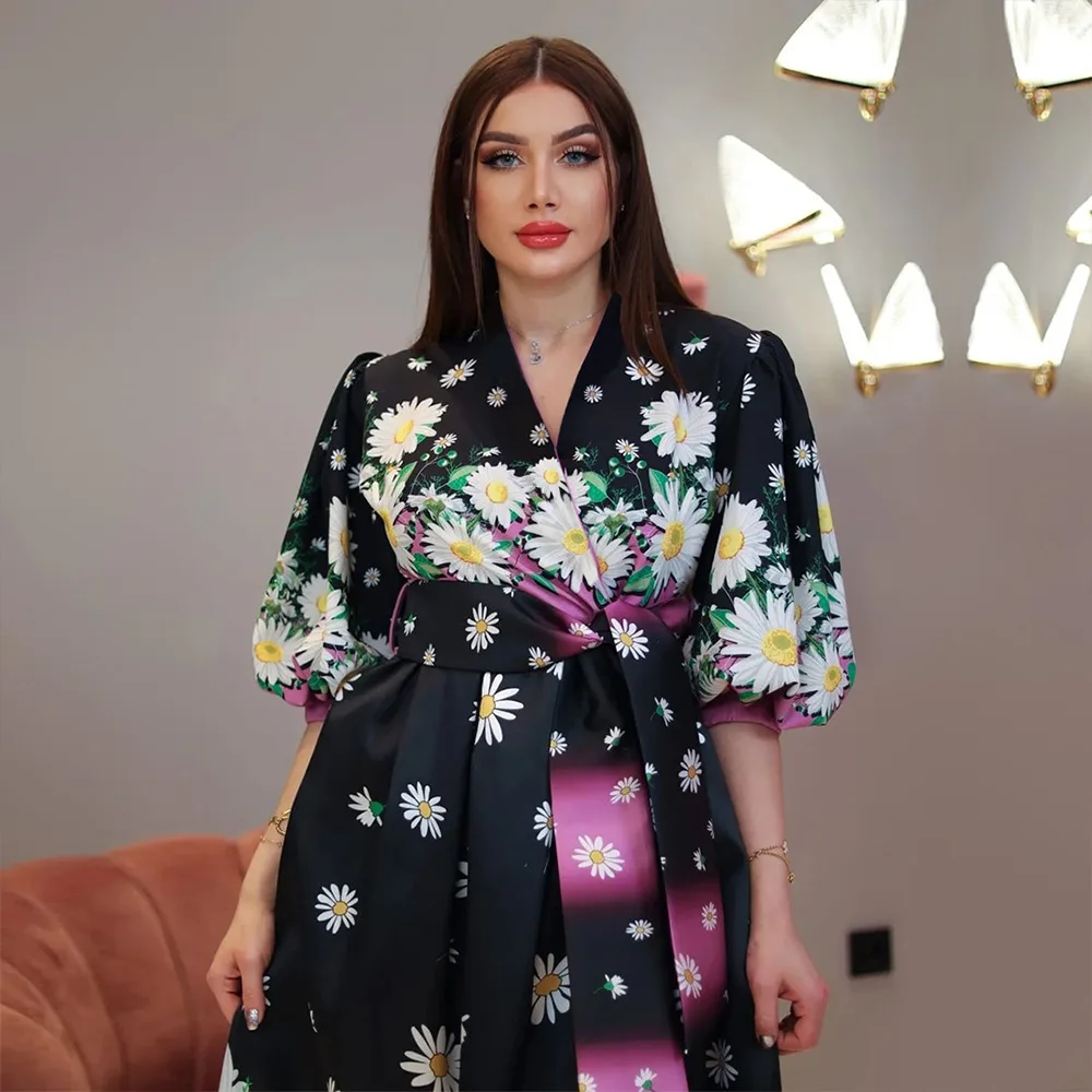 Fashion Floral Printed Dress with Belt Sash Muslim Women Vintage Daisy Abaya Black Rosy Jalabiya Puff Half Sleeves Party Robe