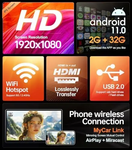 

15.6" 4K Android Car Headrest TV – Wireless Mirroring, Touch Screen, WiFi, Bluetooth, HDMI