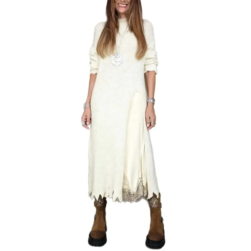 Długa sukienka maxi z patchworkiem i swetrem, damska jesienna sukienka codzienna z stójką na imprezę, eleganckie zestawy sukienek damskich 2025