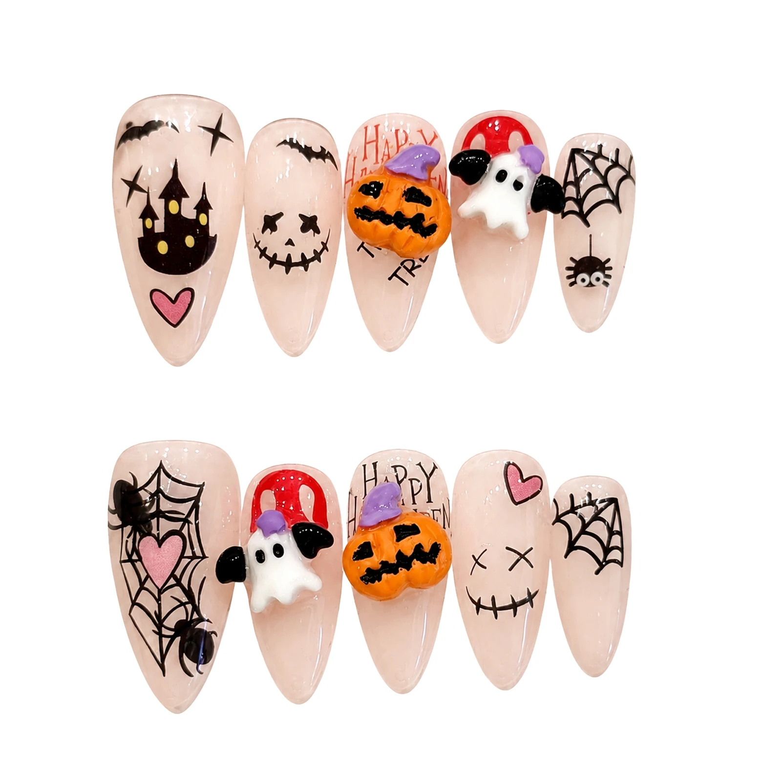 Press on Nails Cute Halloween Ghost Pumpkin 3D Resin Manicure for Women Party Costume Looks Durable and Lightweight Fit