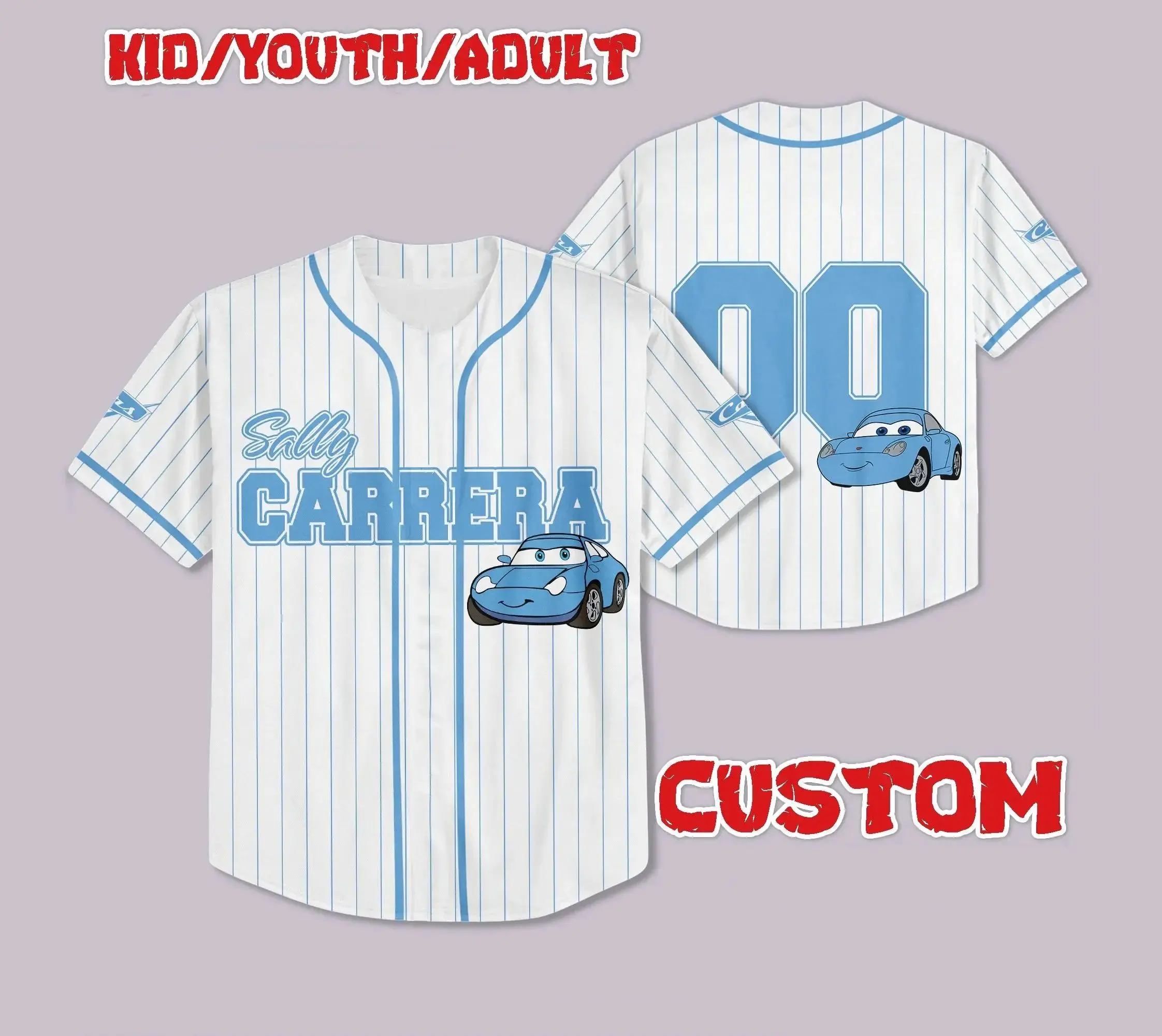 2025 الخريف ديزني الأحمر سيارة طباعة جيرسي البيسبول قميص الأطفال الشباب الكبار الأسرة الوالدين ملابس أطفال الرياضة قصيرة الأكمام