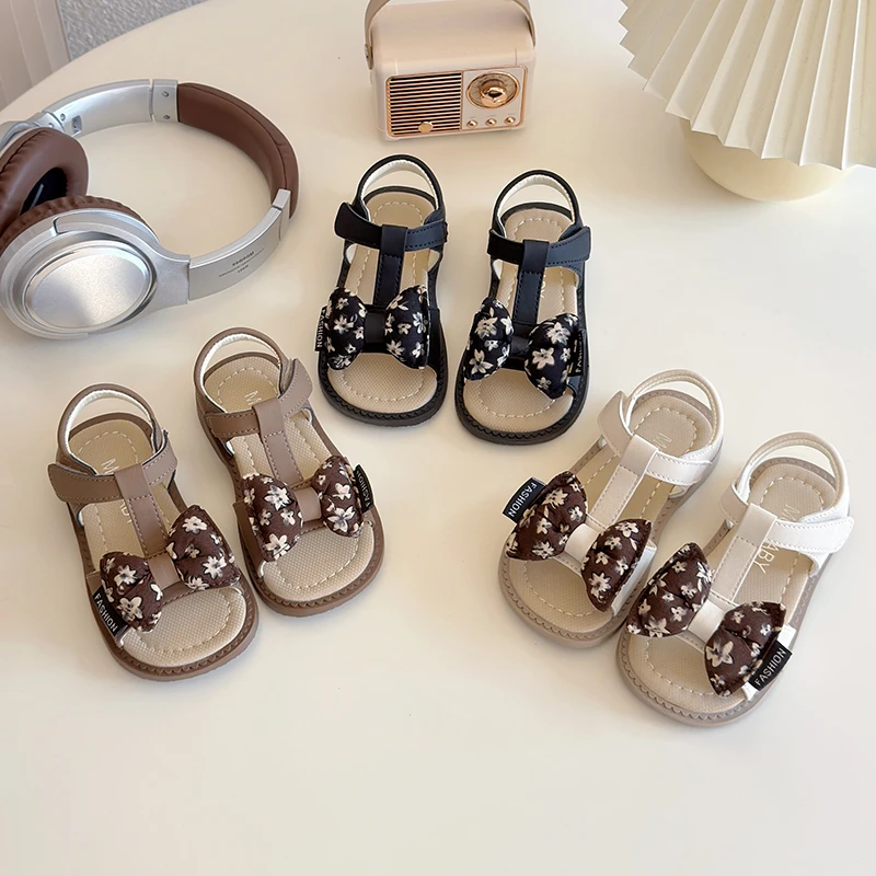 

Cute girls' bow sandals, girls' summer non slip breathable slippers, adjustable Velcro soft soled beach casual shoes