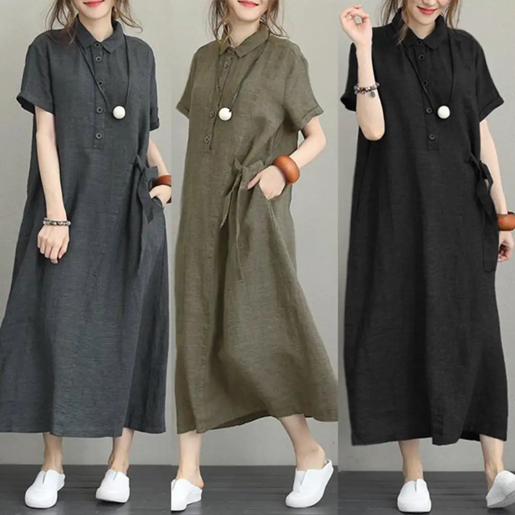 Summer Japan Style Cotton Linen Lapel Pockets Loose Casual Vintage Dresses Short Sleeve Oversized Long Dress for Women