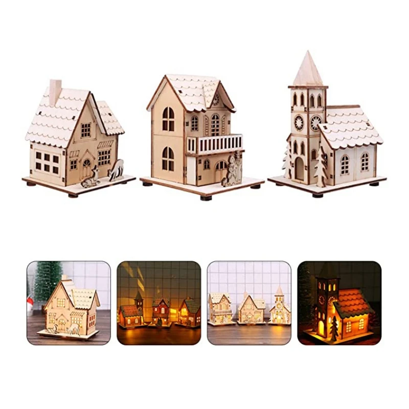 Christmas House with LED Light Wooden Cottage Ornaments for Christmas Holiday Light Up Wood House Tabletop Xmas Lighted Ornament