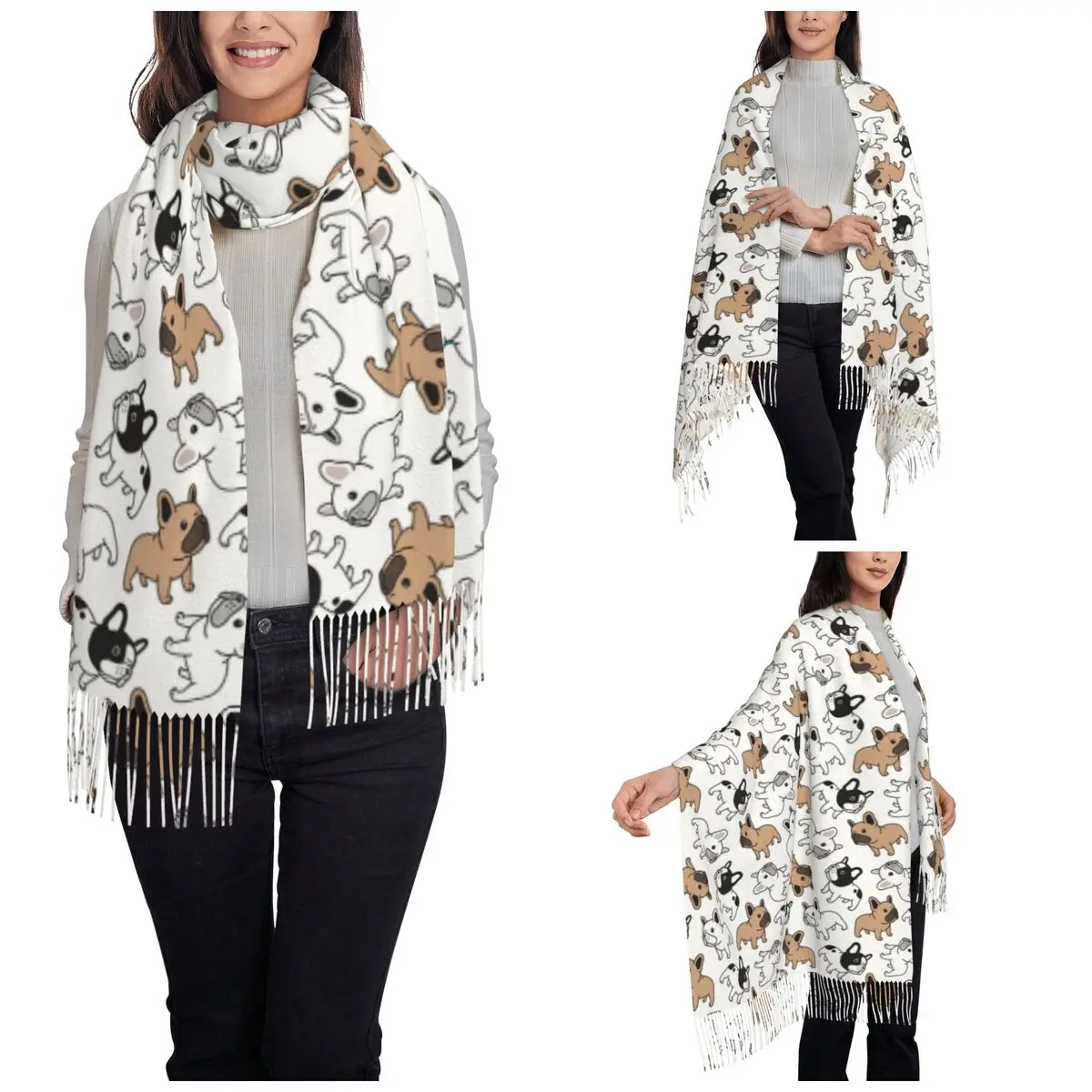 Womens Scarf with Tassel Dog French Bulldog Puppy Cartoon Long Winter Warm Shawl Wrap Gifts Cashmere Scarf