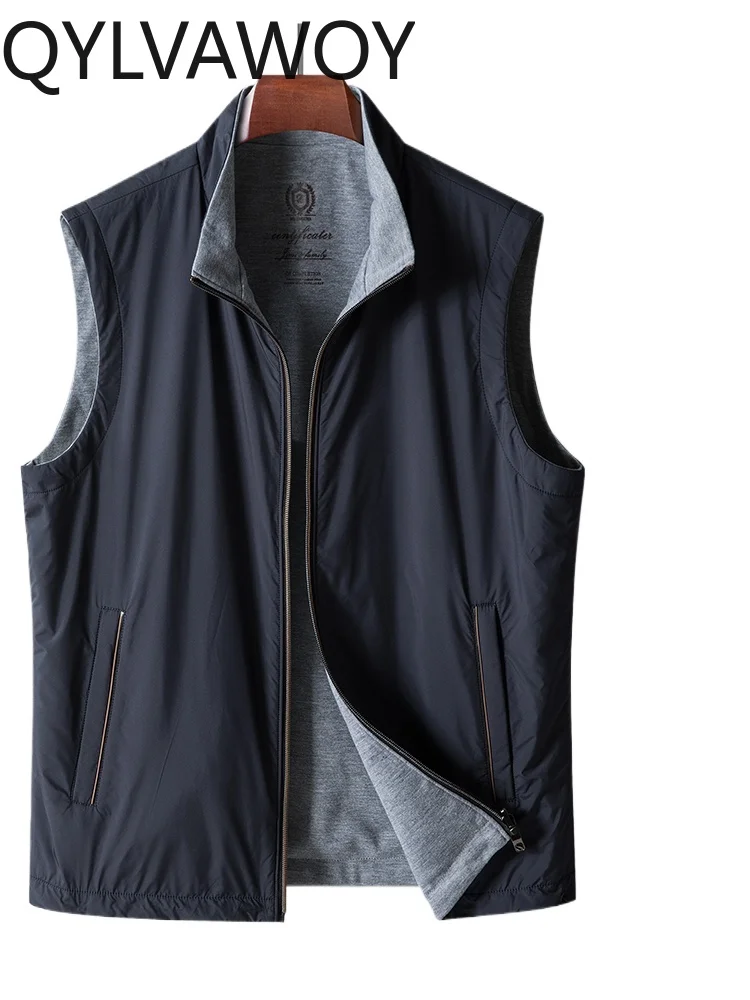 

QYLVAWOY 100% Polyeater 2025 Spring Autumn Men's Reversible Vest Stand-Up Collar Gilet Middle-Aged Business Outerwear LJ2234