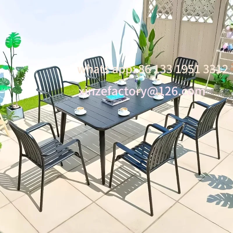 شرفة خارجية قابلة للتخصيص، مزيج غير رسمي للحديقة، فناء في الهواء الطلق، سبائك الألومنيوم المقاومة للماء، طاولات وكراسي واقية من الشمس #4