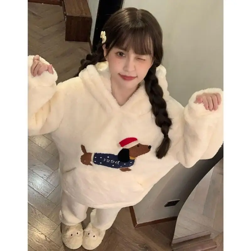 New Winter Women's Pajama Set Girl Nightwear Dachshund Cartoon Flannel Cute Coral Fleece Cozy Warm Loungewear Sleepwear