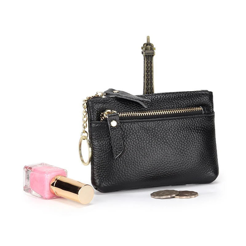 Genuine leather short wallet for women, simple double-zipper cowhide coin purse, fresh and stylish coin bag