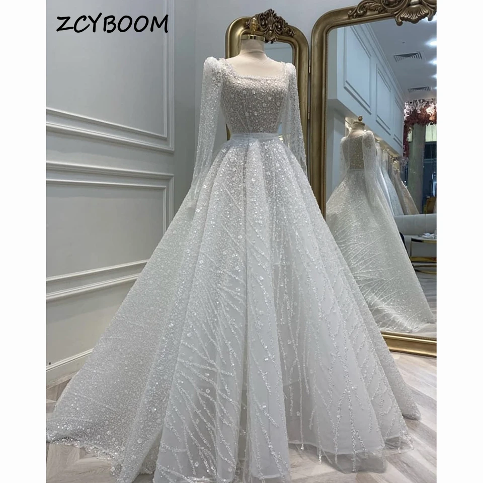 

Luxury Square Collar Sequin Flower Full Sleeves Wedding Dress 2023 A-Line Floor Length Sweep Train Tulle Custom Made Bridal Gown