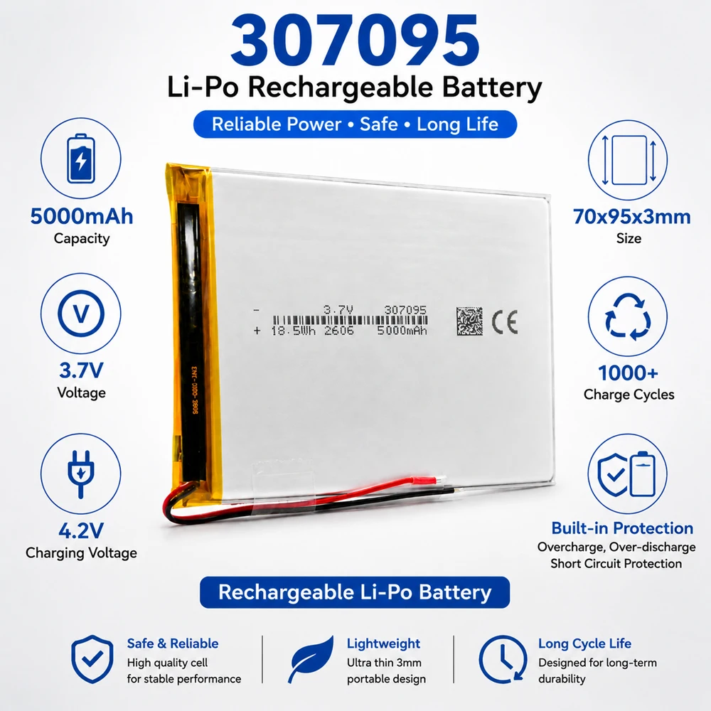 1/12PCS 307095/357095  5000mah 3.7V Rechargeable Polymer Lithium Batteries for 8 Inch 9 Inch GPS MID Smartphone Tablet Battery