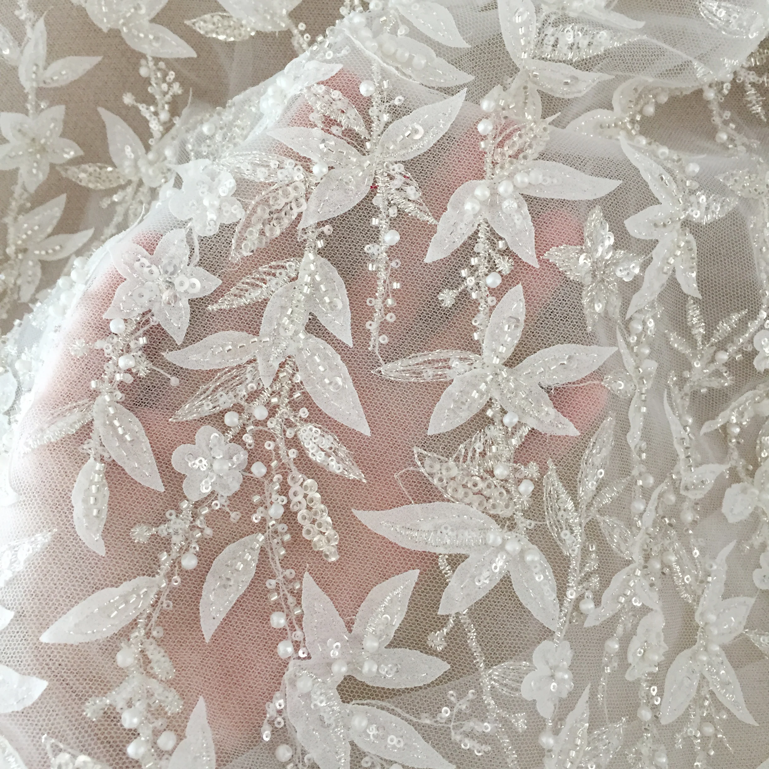 3D Blumen-Bambusblatt-Nagelperlen-Spitzenstoff, Hochzeitskleid, DIY-Netzstoff, Nähkleid, RS4095 – Detail 3