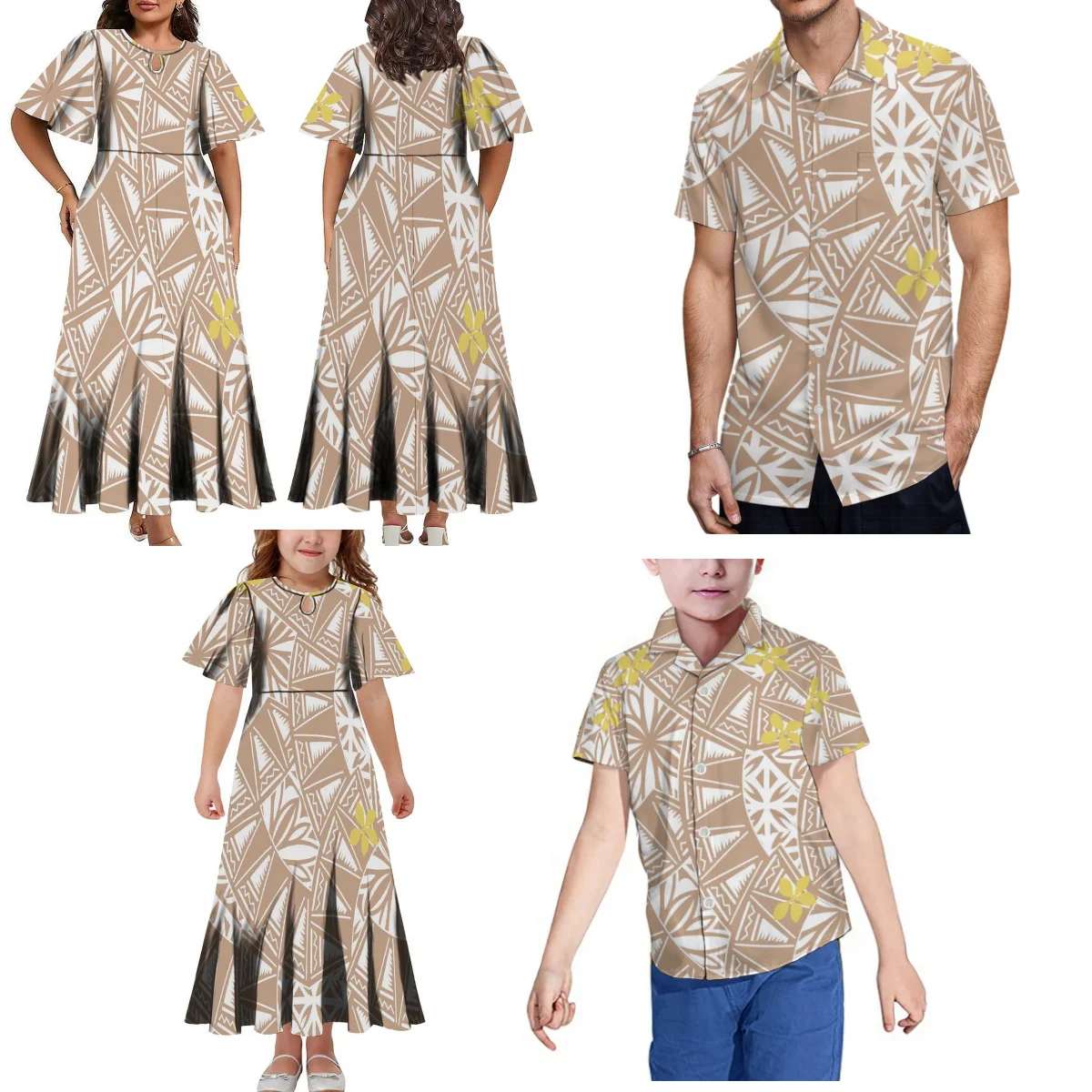 

Wholesale Custom Samoa Club Family Set Women'S Half Flare Sleeve Drop Design Dress Men'S Shirt Adult Children'S Clothing