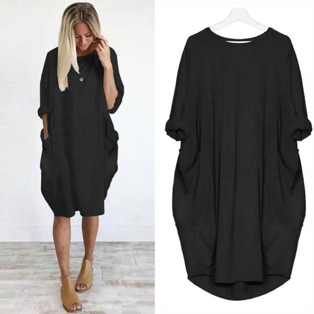 Dress O Neck Solid Color Long Sleeve Pockets Knee-length Baggy Dress Knee-length Dress Dress For Women Robe Vestidos Streetwear