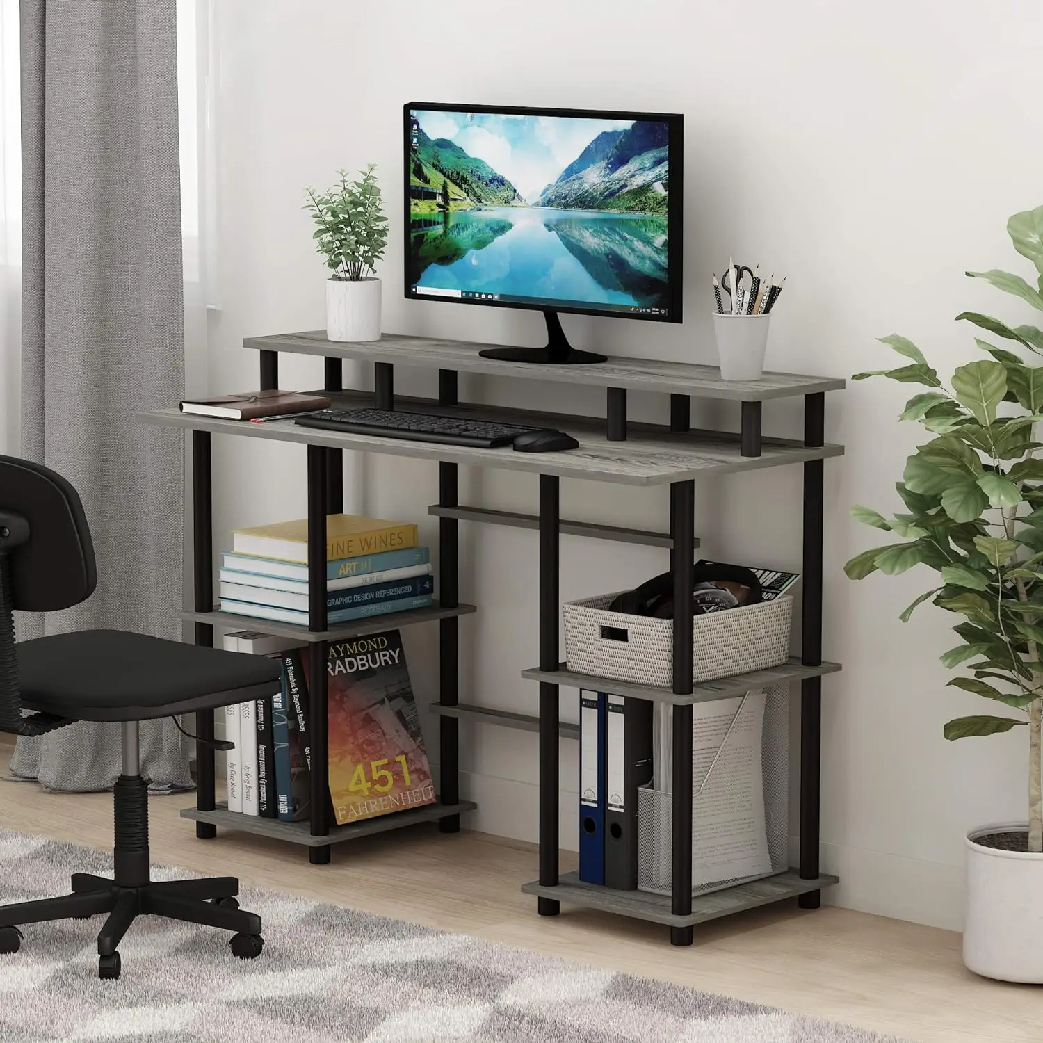 Turn-N-Tube Computer Desk, French Oak Grey/Black